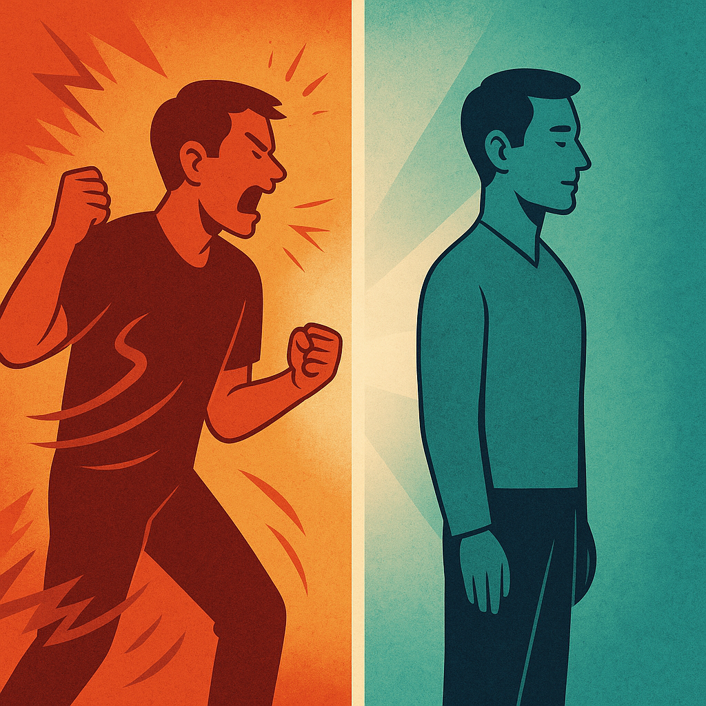 Auf der einen Seite ein Mann, welcher wutentbrannt ist. Auf der anderen Seite ein gelassener Mann. 