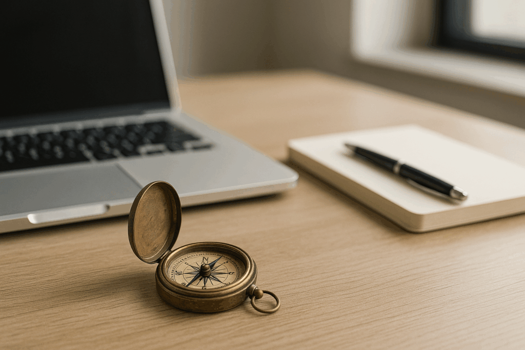 Schreibtisch mit Notebook und einem alten Kompass.